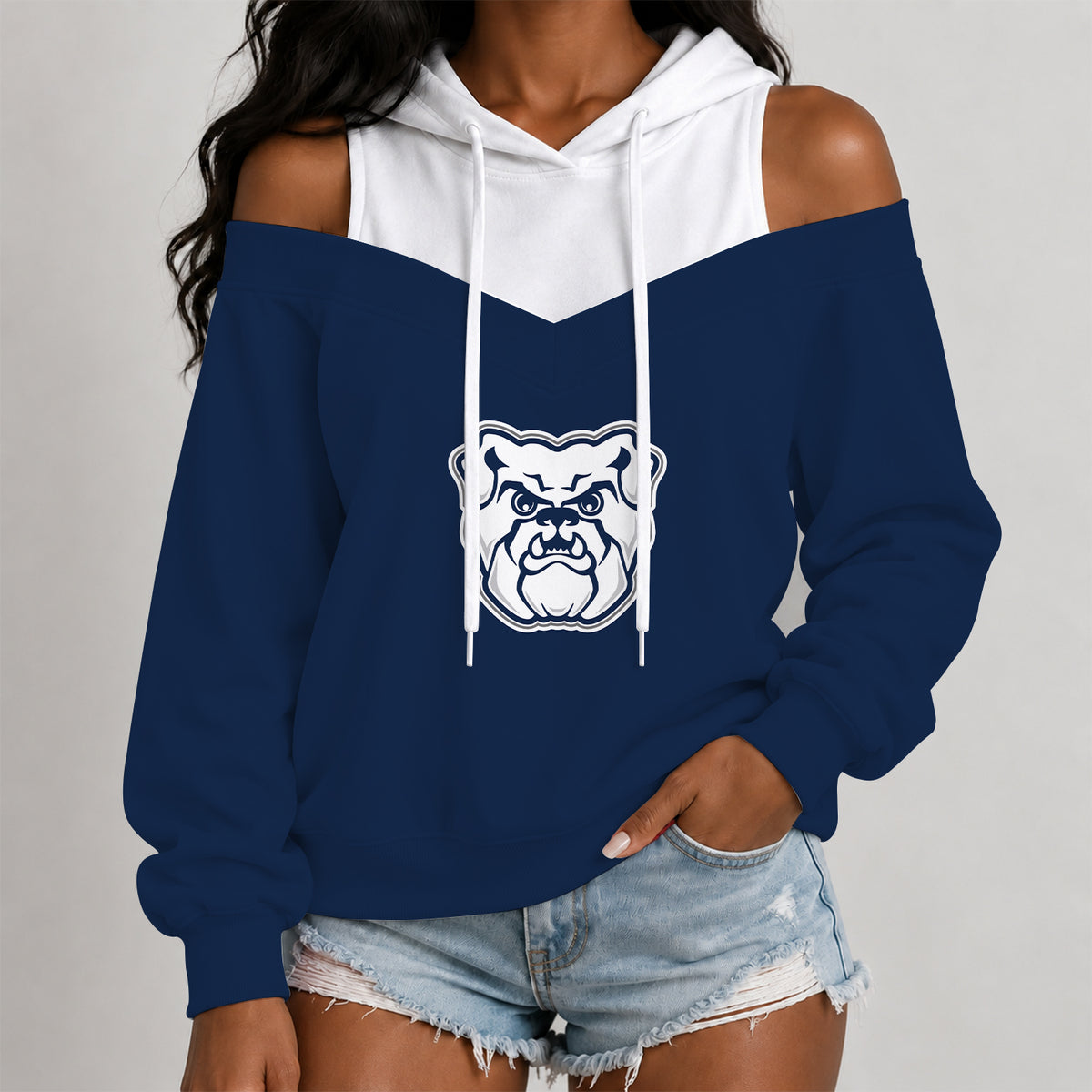 [BIG DEAL] PERSONALIZED UNI31 BTB BUTLER BULLDOGS WOMEN'S OFF-SHOULDER HOODIE