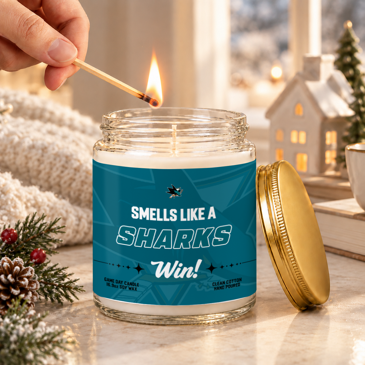 [SUPER SALE] NEW CUSTOMIZED NHL32 SJS THE SHARKS FROSTED GLASS CANDLE
