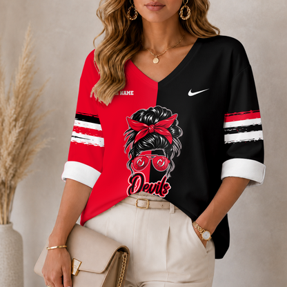 [SUPER SALE] NEW CUSTOMIZED NHL06 NJD THE DEVILS WOMEN'S HEART V-NECK LONG SLEEVE SHIRT